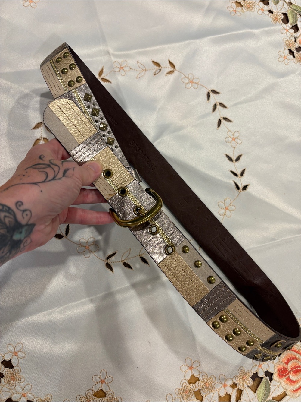 Fossil Metallic Patchwork Studded Leather Belt in Gold and Cream